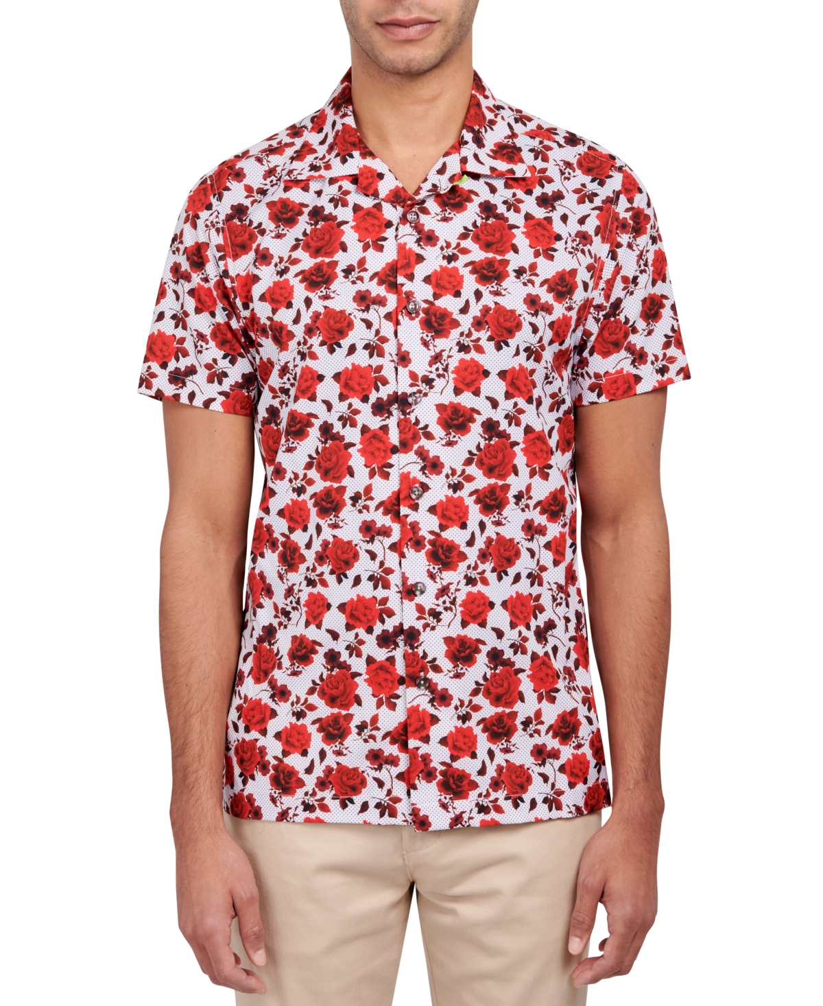Men's Slim-Fit Non-Iron Performance Stretch Floral-Print Camp Shirt - Red