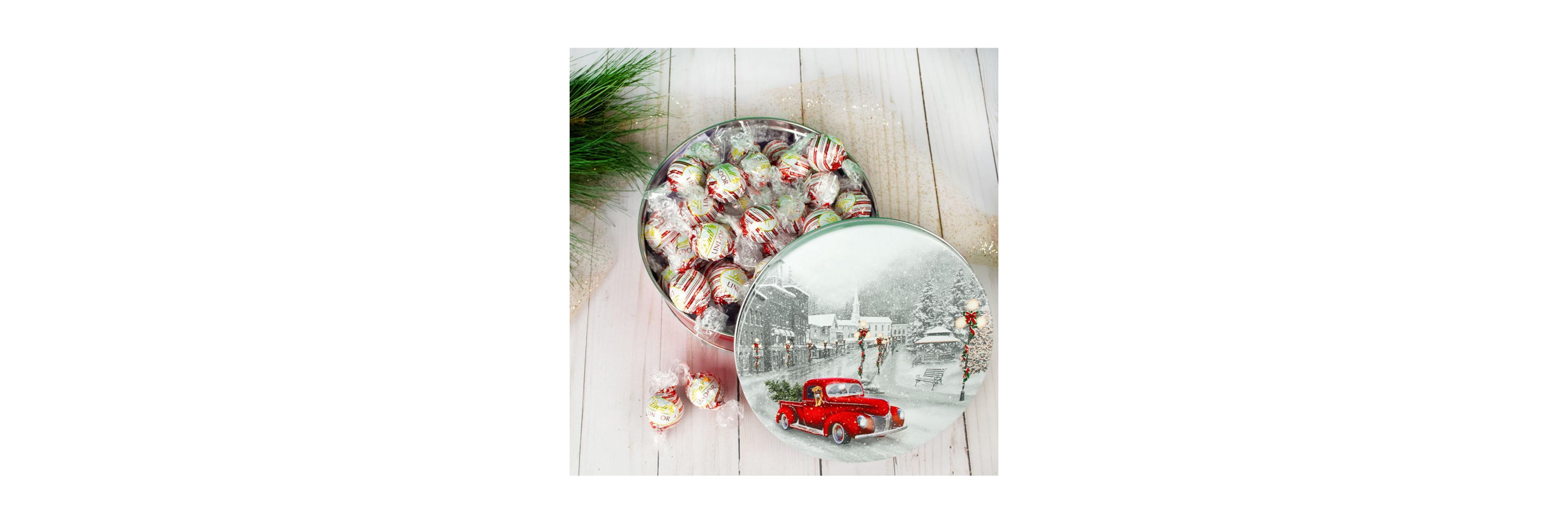 Just Candy Christmas Candy Gift Tin Peppermint Lindt Truffles - Snowy Drive, 35 Pieces