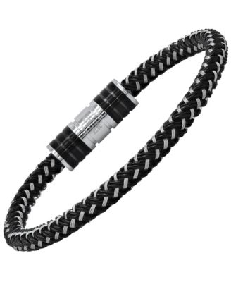 Carbon Fiber Two Tone Stainless Steel and Leather Cord Woven Braided Bracelet