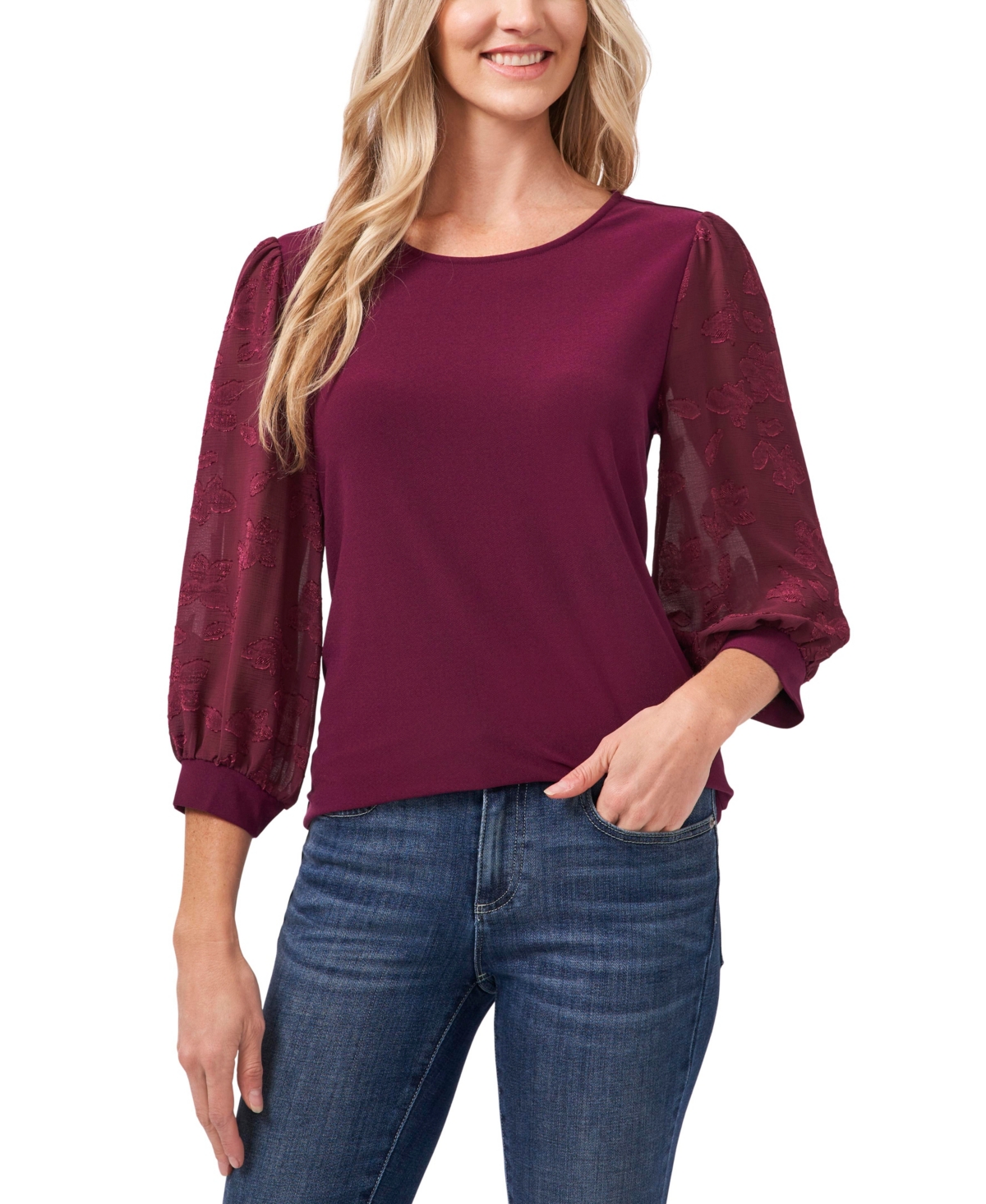 Cece Lace Sleeve Stretch Crepe Blouse In Deep Marsala