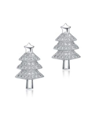 Sterling Silver with Rhodium Plated Clear Round Cubic Zirconia Pave Christmas Tree Earrings