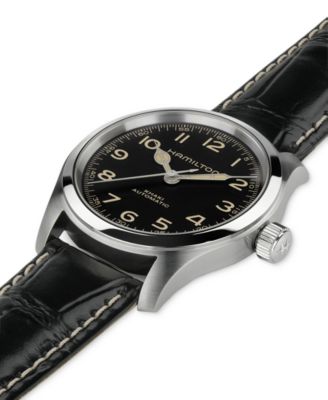 Men's Swiss Automatic Khaki Field Murph Black Leather Strap Watch 38mm
