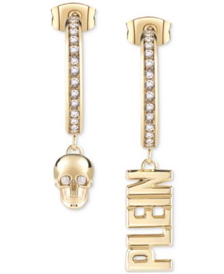 Philipp Plein - Gold-Tone IP Stainless Steel 3D $kull & PLEIN Lettering Mismatch Charm Pav&eacute; Hoop Earrings