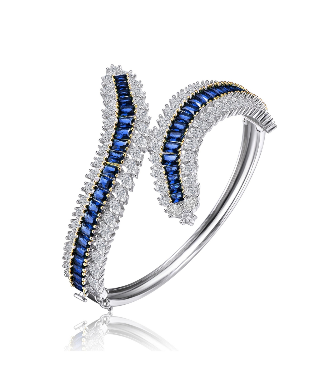 Sterling Silver Rhodium Plated with Sapphire Cubic Zirconia Bangle Bracelet - Sapphire