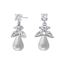 Genevive Sterling Silver with Rhodium Plated White Round Freshwater Pearl with Marquise and Round Cubic Zirconia Earrings - Cle