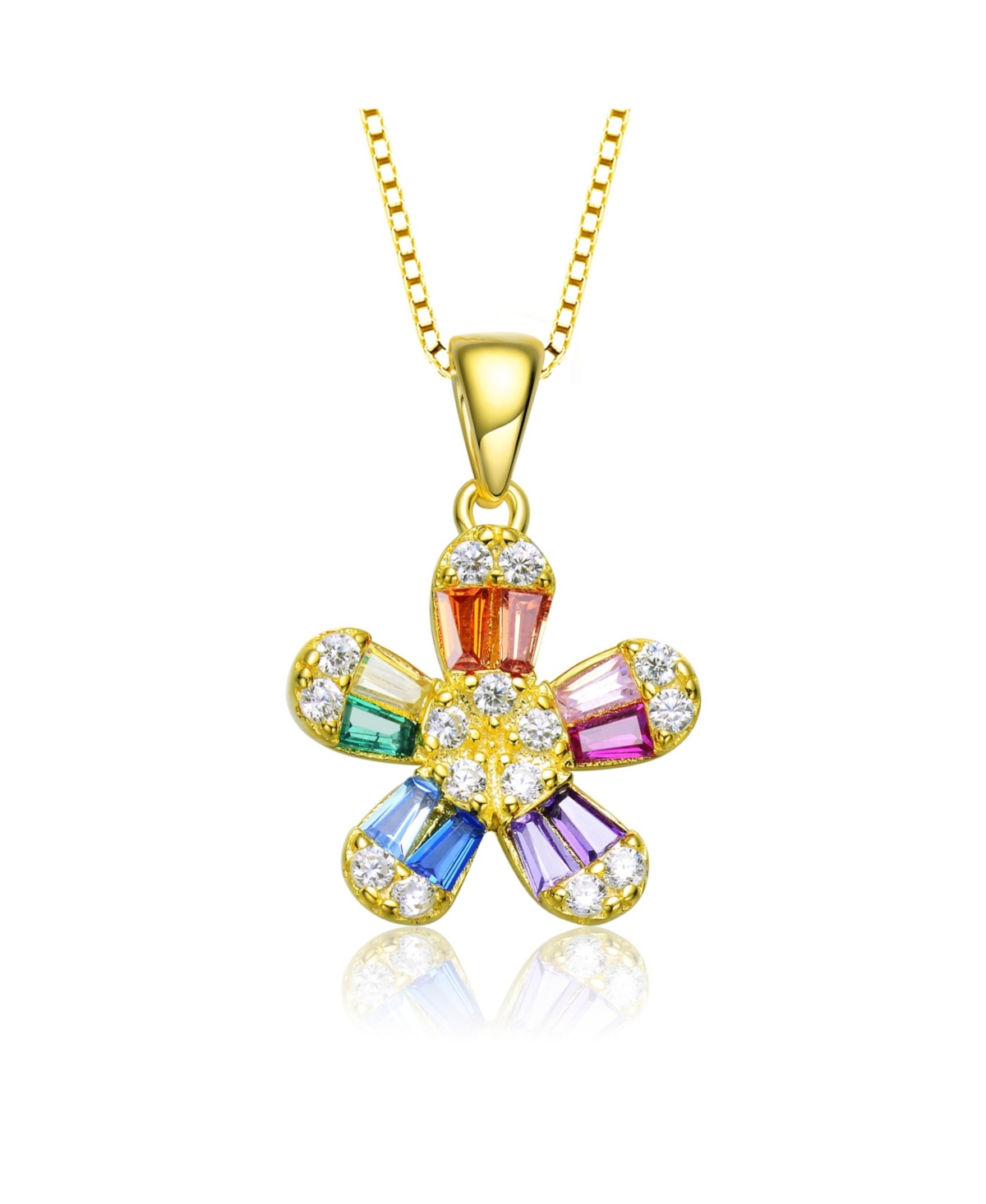 GiGiGirl Sterling Silver with Gold Plated Multi Color Baguette Cubic Zirconia Flower Style Pendant Necklace - Multi-color