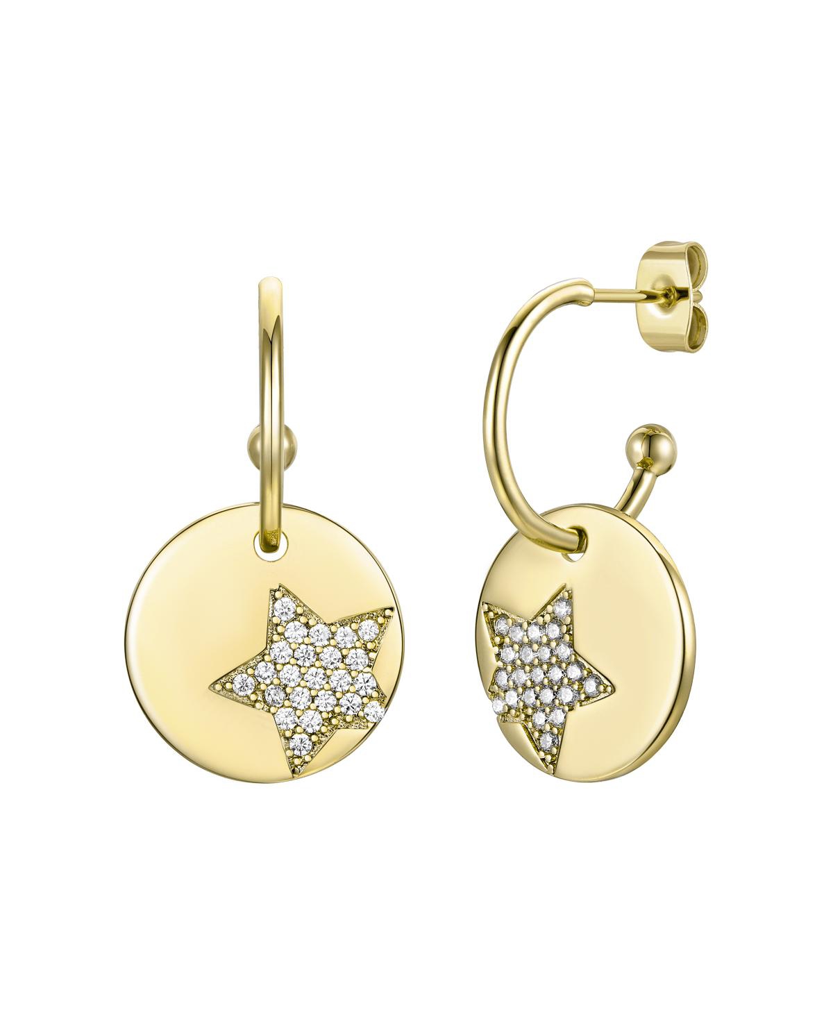 14k Gold Plated with Cubic Zirconia Star Medallion Charm C-Hoop Earrings - Gold