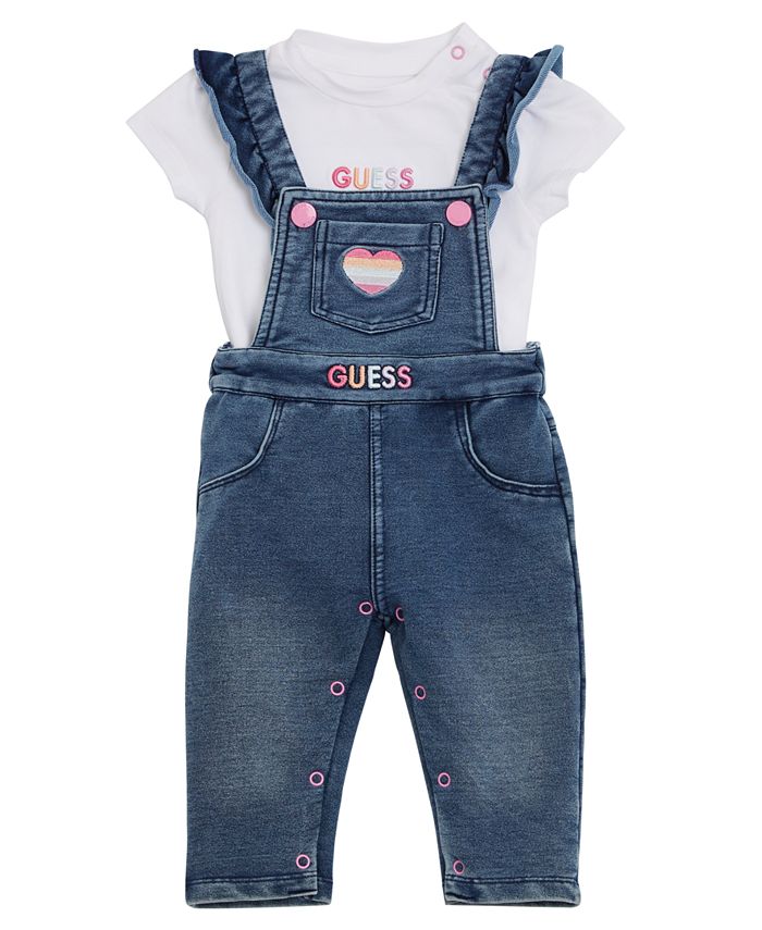 GUESS Baby Girls Embroidered Logo Bodysuit and Knit Denim Overall, 2 Piece Set & Reviews Sets