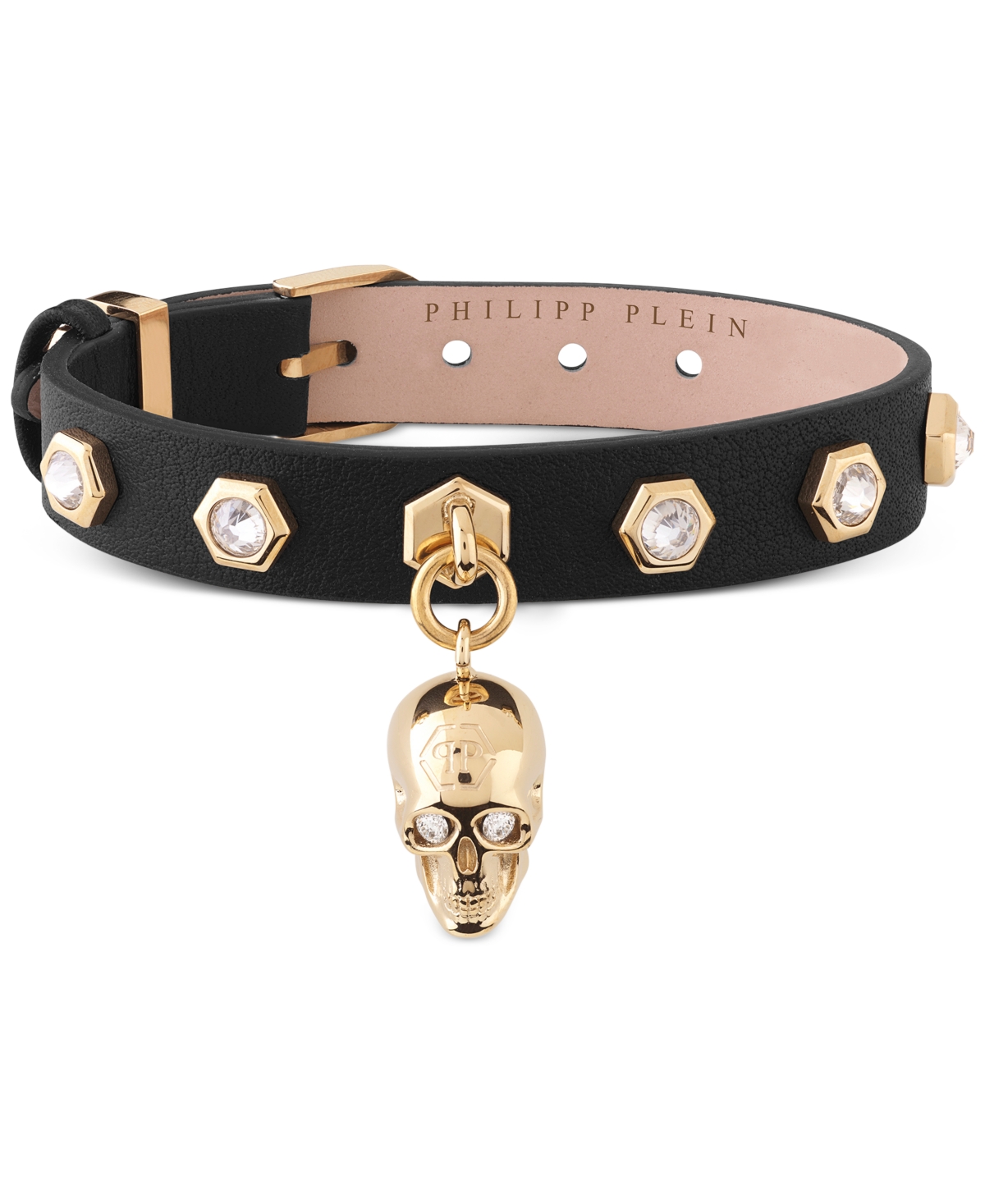 Philipp Plein Gold-tone Ip Stainless Steel Pave 3d $kull Charm Crystal-studded Leather Bracelet In Ip Yellow Gold
