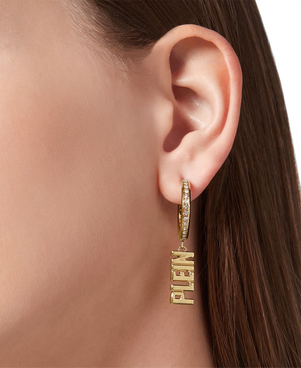 Shop Philipp Plein Gold-tone Ip Stainless Steel 3d $kull & Plein Lettering Mismatch Charm Pave Hoop Earrings In Ip Yellow Gold