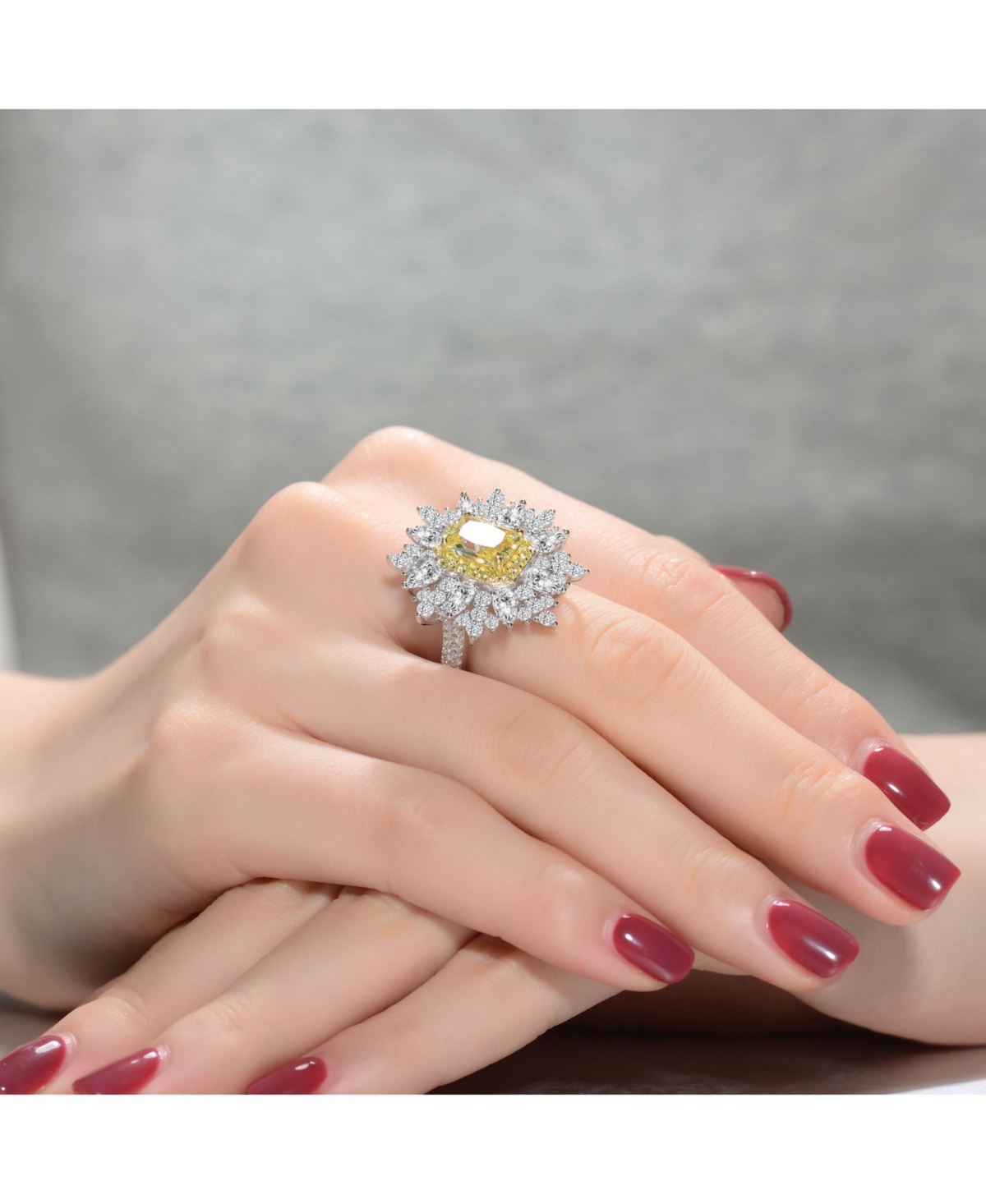 Genevive Sterling Silver White Gold PlatedRadiant with Clear Cubic Zirconia Halo Ring - Yellow