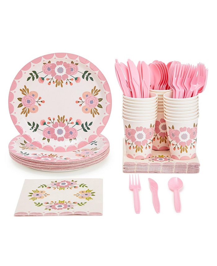 BLUE PANDA 144 Piece Vintage Style Tea Party Supplies with Pink Floral  Paper Plates, Napkins, Cups, and Cutlery, Disposable Tableware Set for  Girls