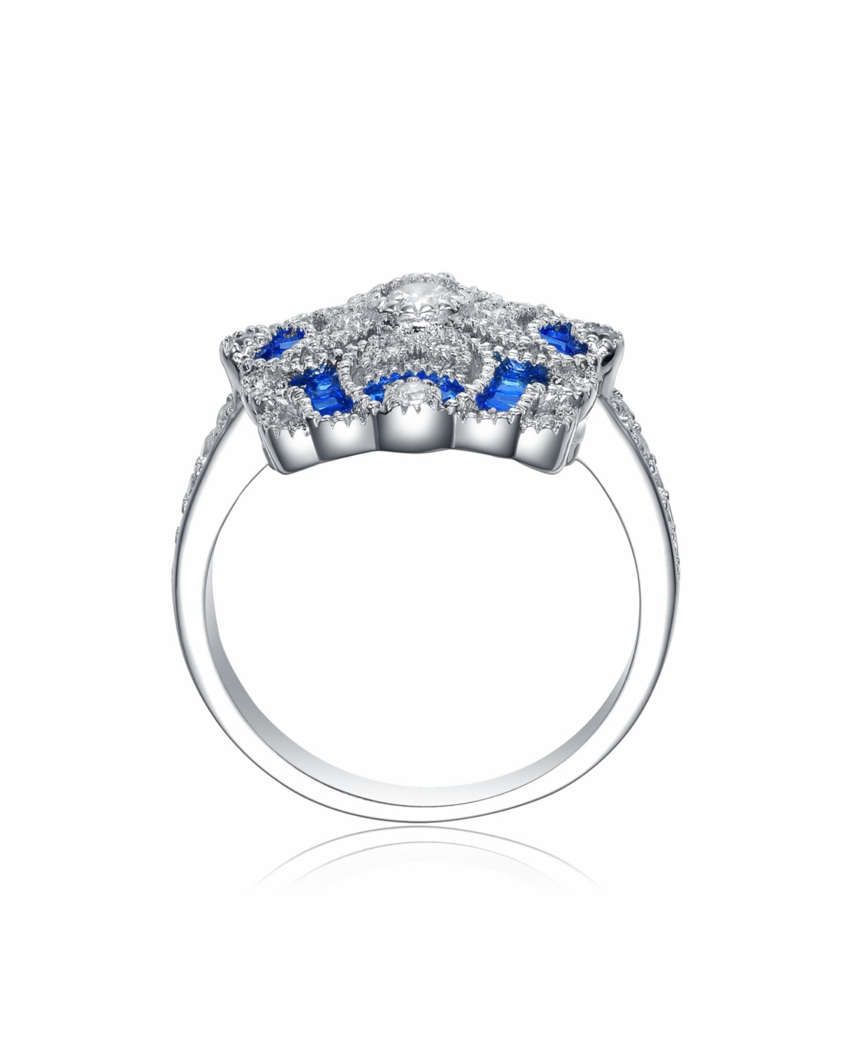 Genevive Sterling Silver Baguette and Round Cubic Zirconia Coctail Ring