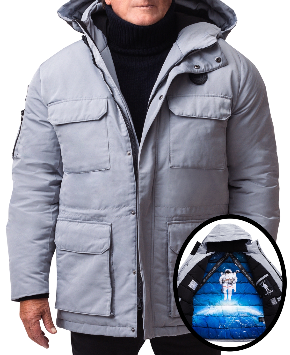 Men's Nasa Inspired Parka Jacket with Printed Astronaut Interior - White