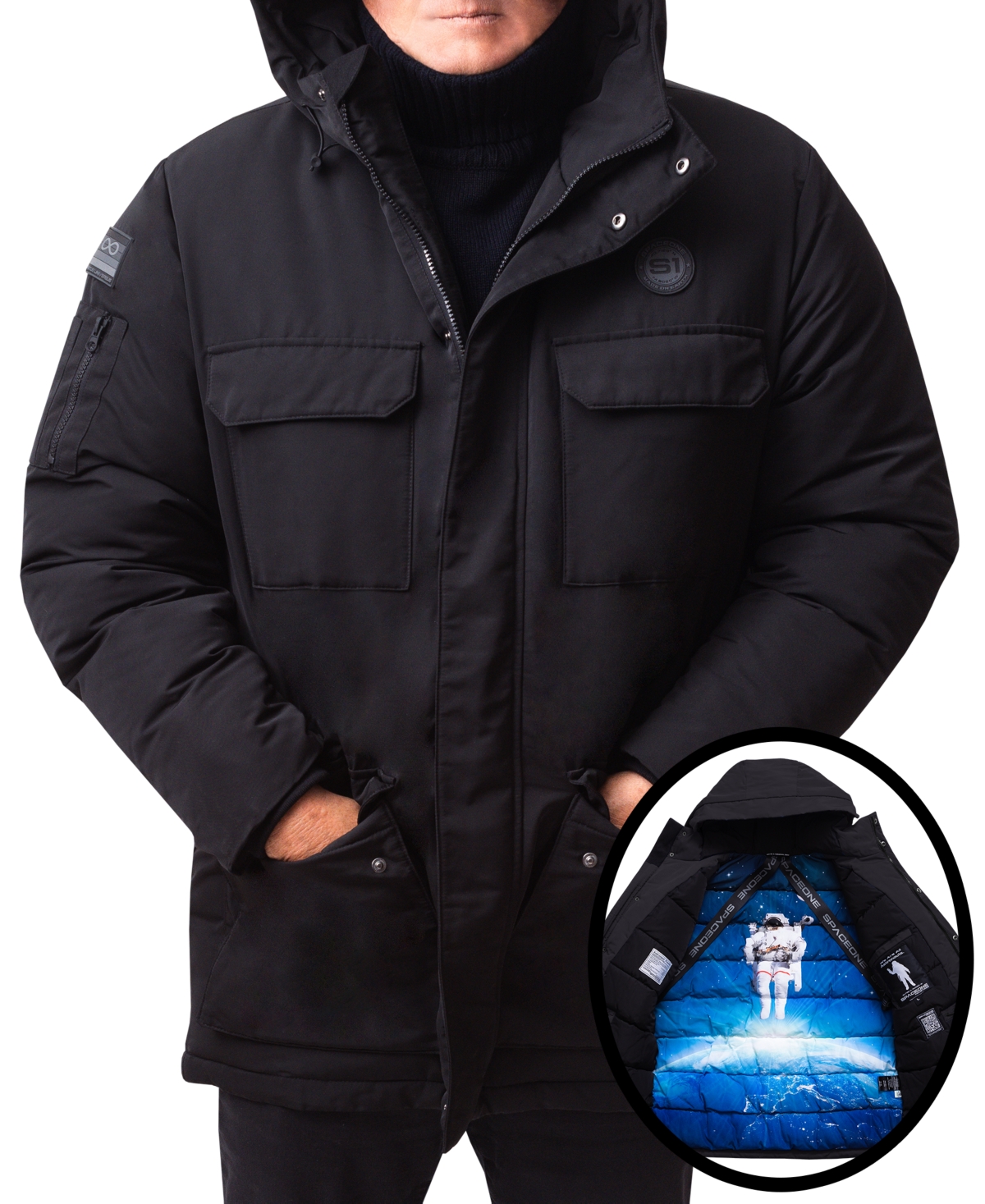 Space One Men's Nasa Inspired Parka Jacket With Printed Astronaut Interior In Black