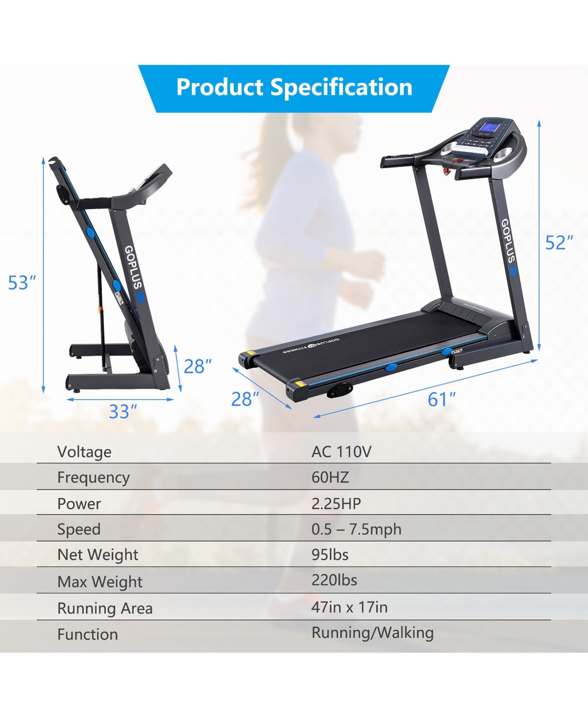 Costway 2.25HP Folding Electric Treadmill Black Smart Closet