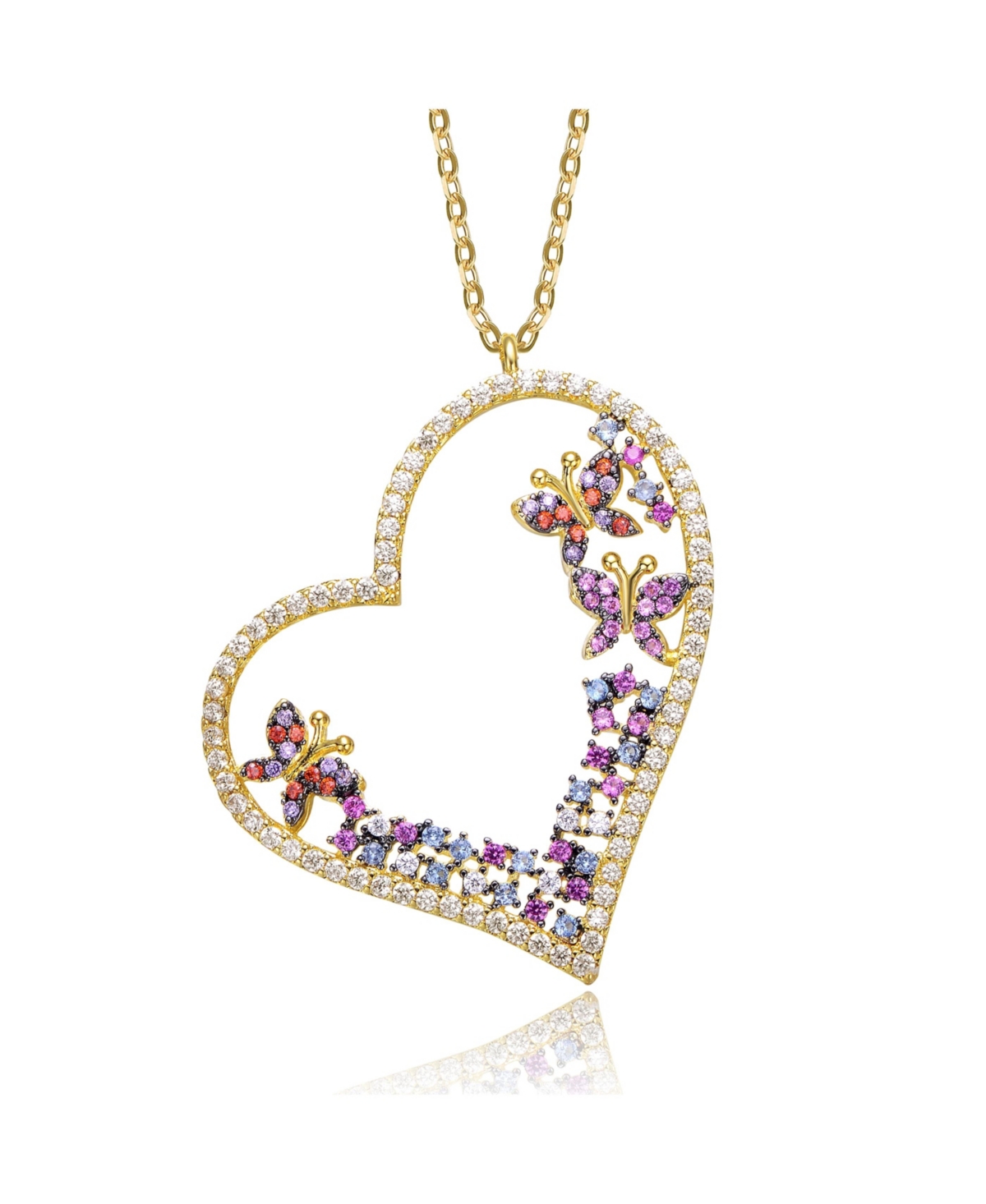 GENEVIVE STERLING SILVER 14K GOLD PLATED MULTI COLORED CUBIC ZIRCONIA HEART NECKLACE