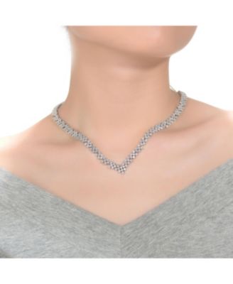 Radiant Three-Row Sterling Silver Necklace with Clear Princess Cubic Zirconia and Rhodium Plating