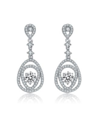 Sterling Silver with Rhodium Plated Clear Round Cubic Zirconia Double Pear Drop Earrings
