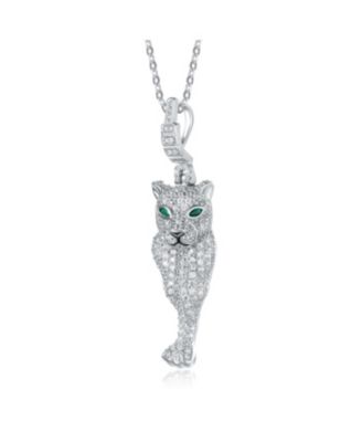 Sterling Silver Rhodium Plated Green Cubic Zirconia "Cheetah" Spring Ring Pendant
