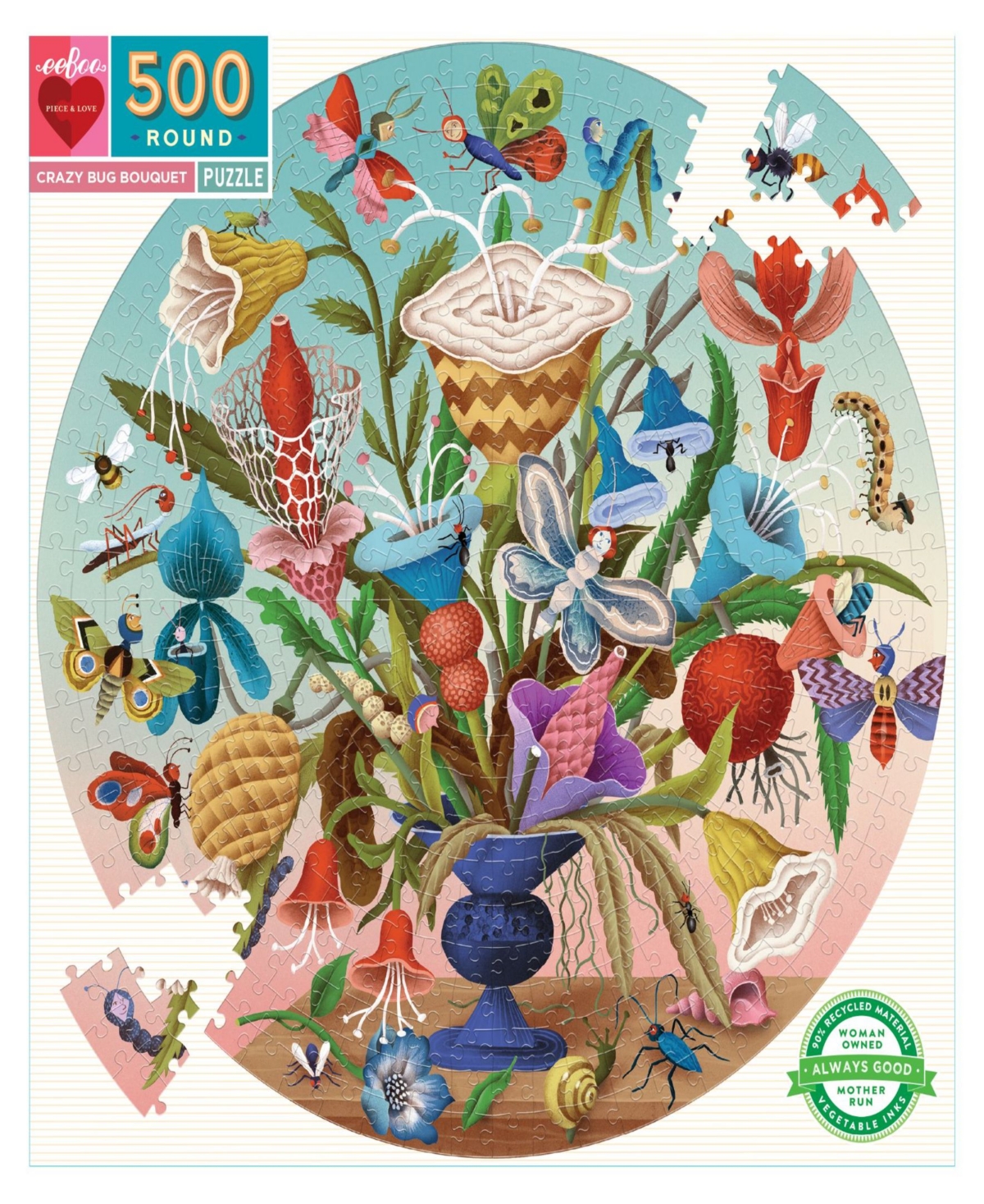 Eeboo Piece and Love Crazy Bug Bouquet 500 Piece Round Jigsaw Puzzle Set