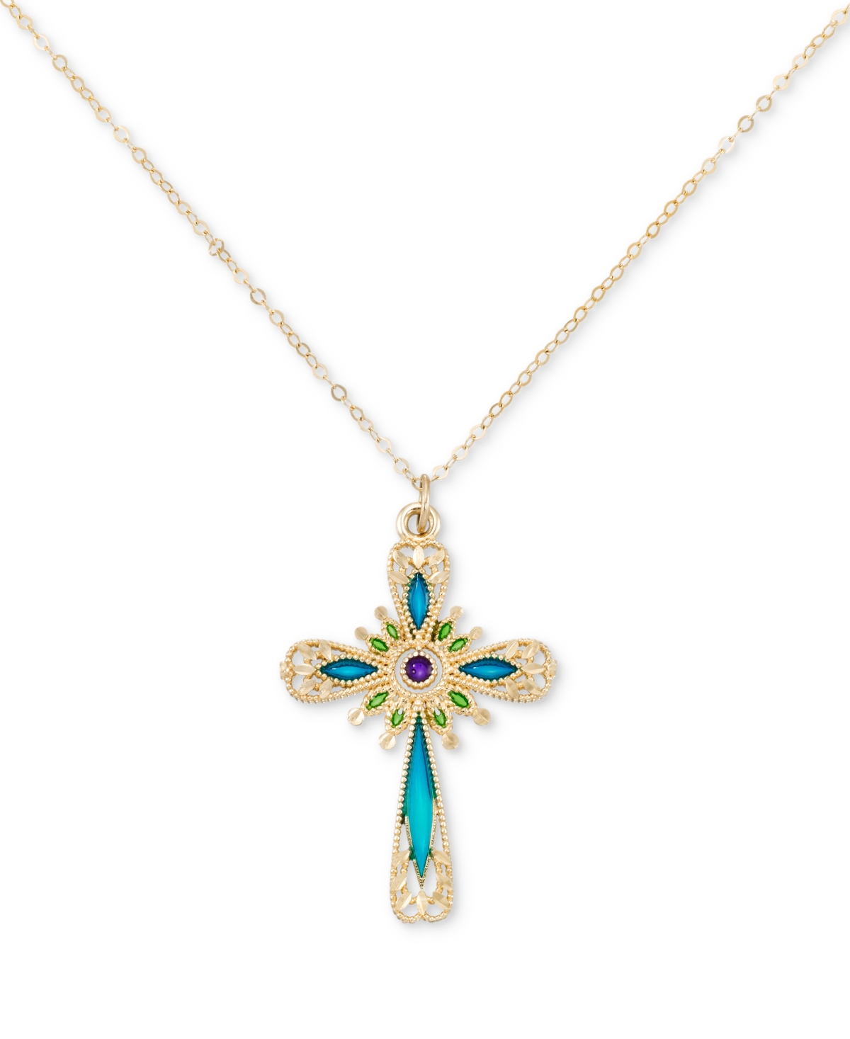 MACY'S MULTICOLOR ENAMEL CROSS 18" PENDANT NECKLACE IN 14K GOLD 