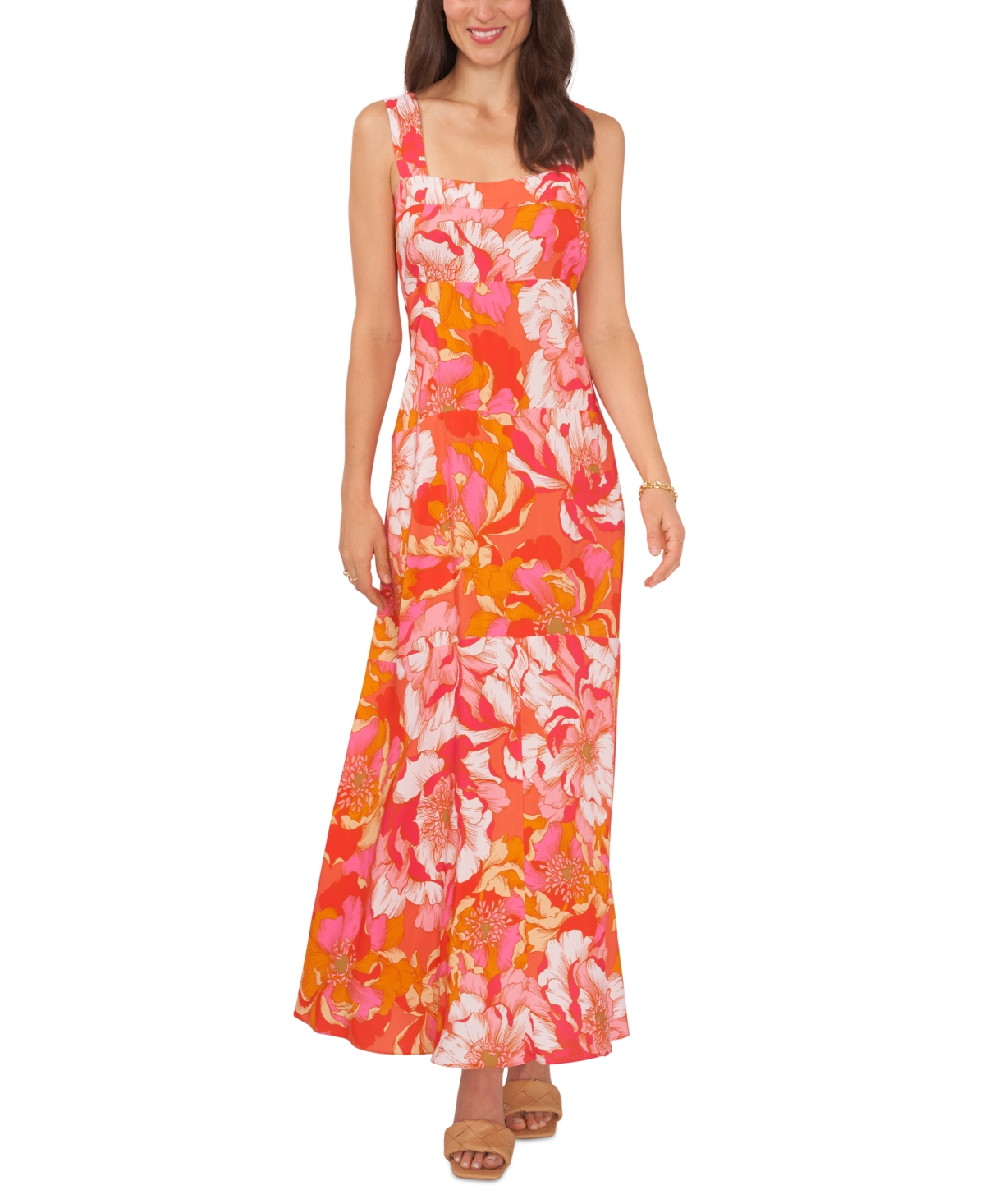 Shop Vince Camuto Women's Floral Smocked Back Tiered Sleeveless Maxi Dress In Radiant Orange