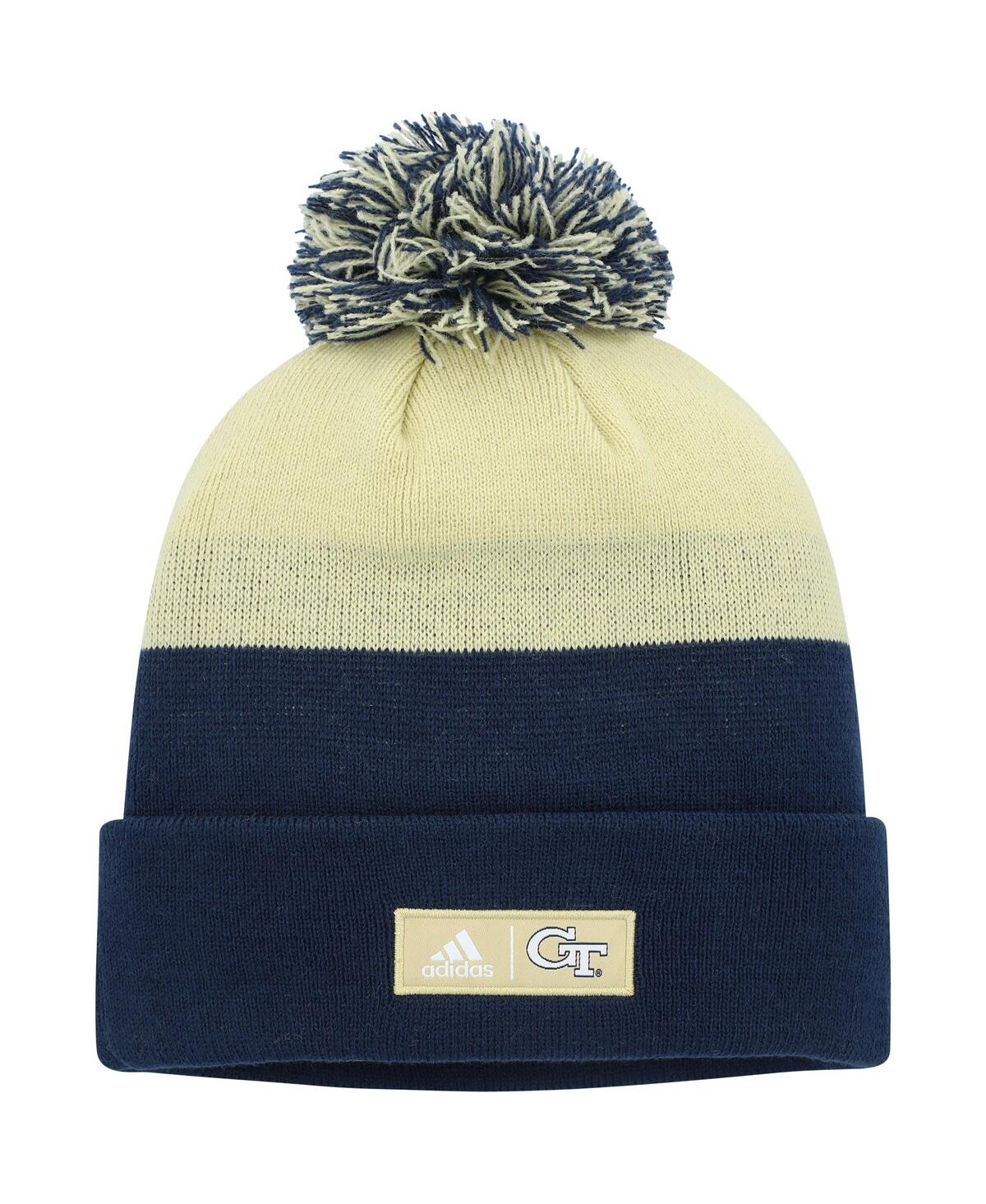 ADIDAS ORIGINALS MEN'S ADIDAS NAVY AND GOLD GEORGIA TECH YELLOW JACKETS COLORBLOCK CUFFED KNIT HAT WITH POM