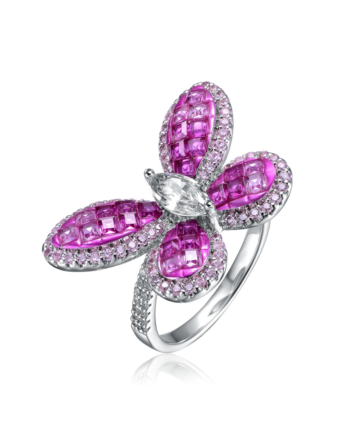 Genevive Sterling Silver with Rhodium Plated and Blue Cubic Zirconia Butterfly Ring