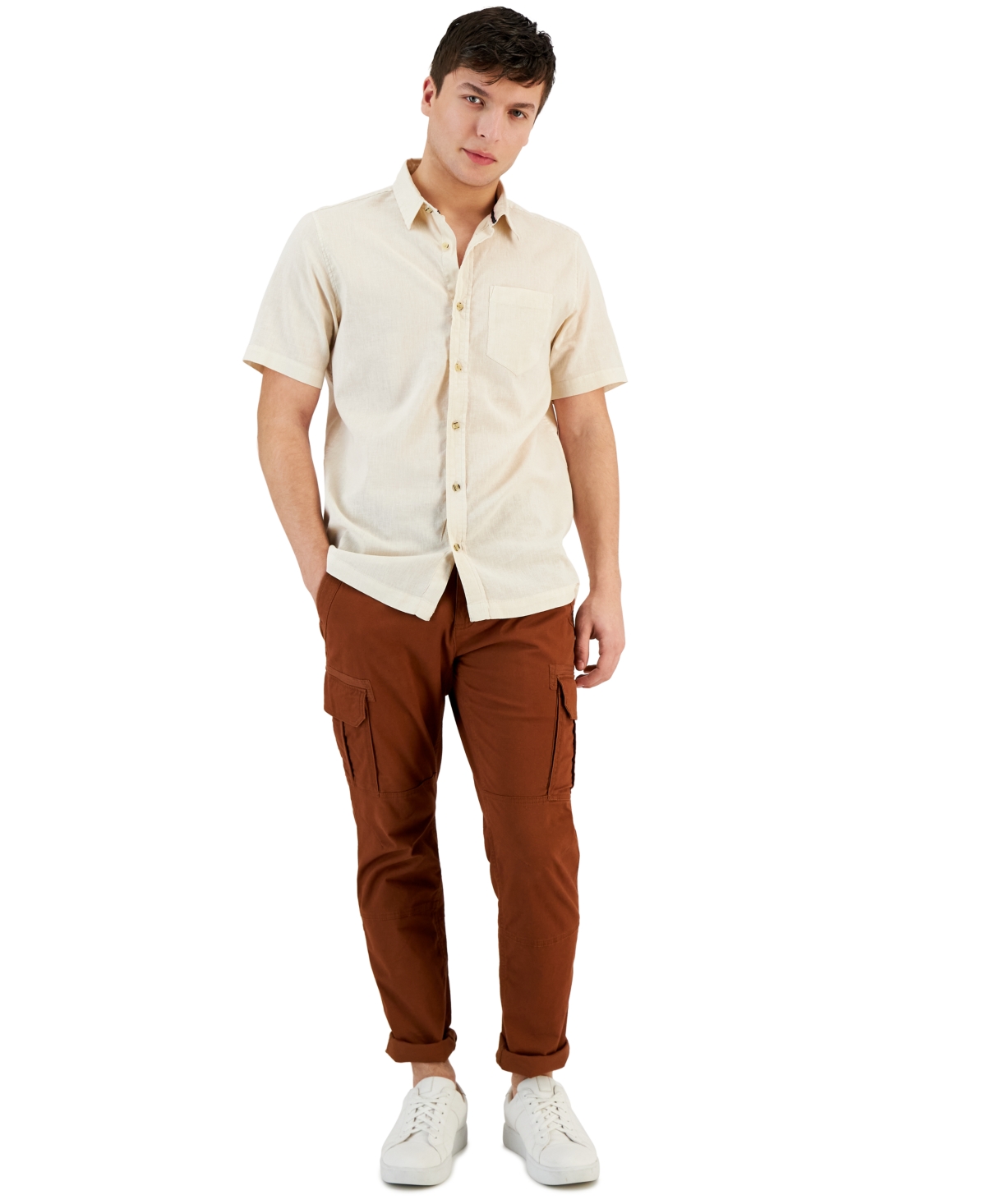 Sun + Stone Men's Blake Linen Chambray Short Sleeve Button-front Shirt, Created For Macy's In Stone Block