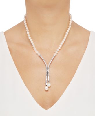 Cultured Freshwater Pearl (5mm & 10 x 8mm) & Cubic Zirconia Lariat Necklace in Sterling Silver, Created for Macy's