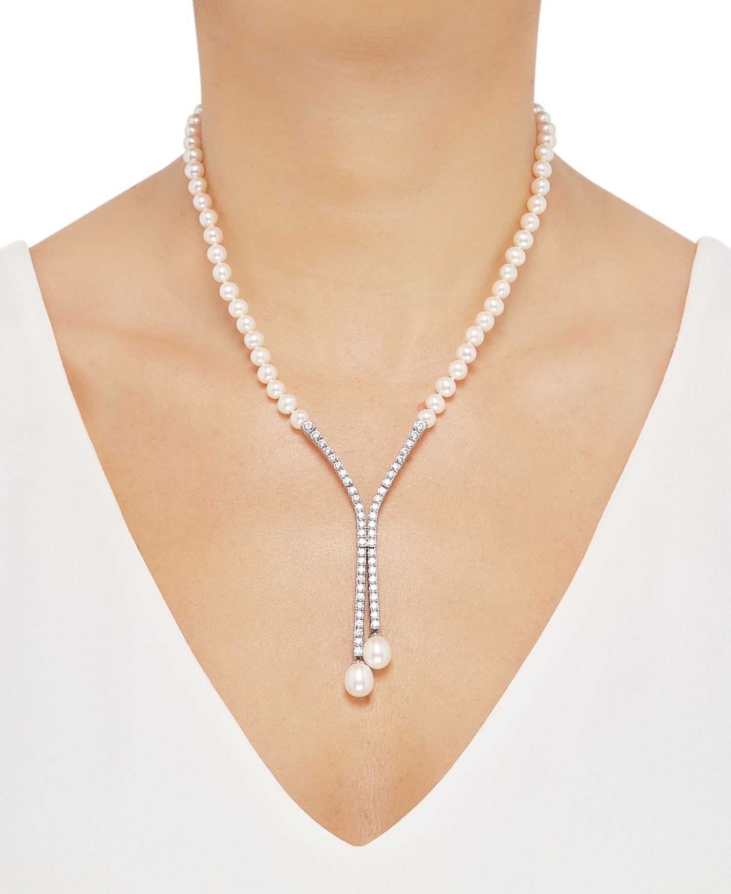 Cultured Freshwater Pearl (5mm & 10 x 8mm) & Cubic Zirconia Lariat Necklace in Sterling Silver