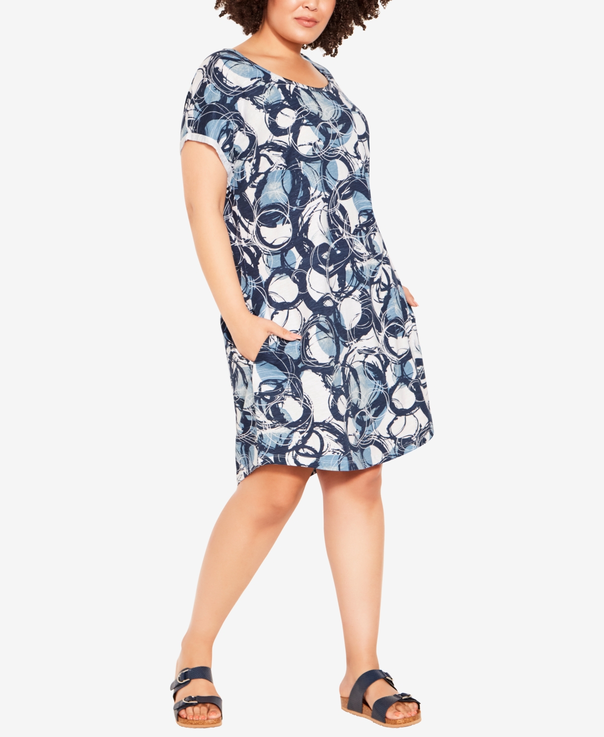 Avenue Plus Size Summer Day Print Dress In Brushed Circle Blue