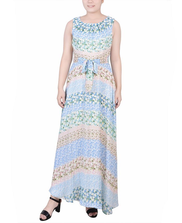 NY Collection Petite Sleeveless Belted Chiffon Maxi Dress - Macy's