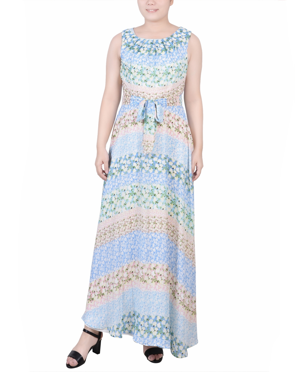 Ny Collection Petite Sleeveless Belted Chiffon Maxi Dress In Multi