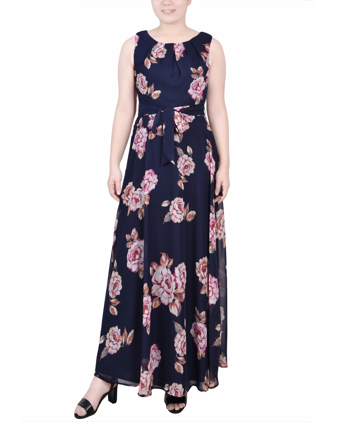 Shop Ny Collection Petite Sleeveless Belted Chiffon Maxi Dress In Navy Space Floral