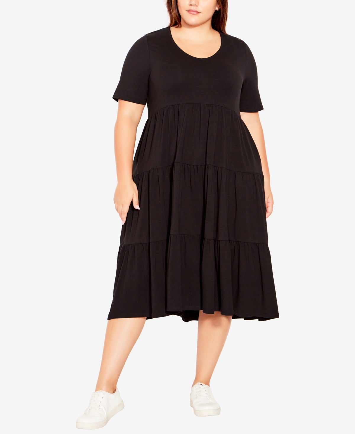 Avenue Plus Size Tier Cotton Dress In Black