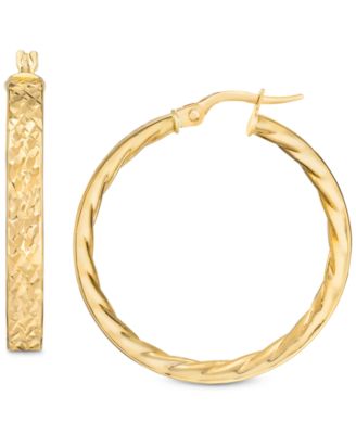 Italian Gold - Textured Small Hoop Earrings in 14k Gold, 1"