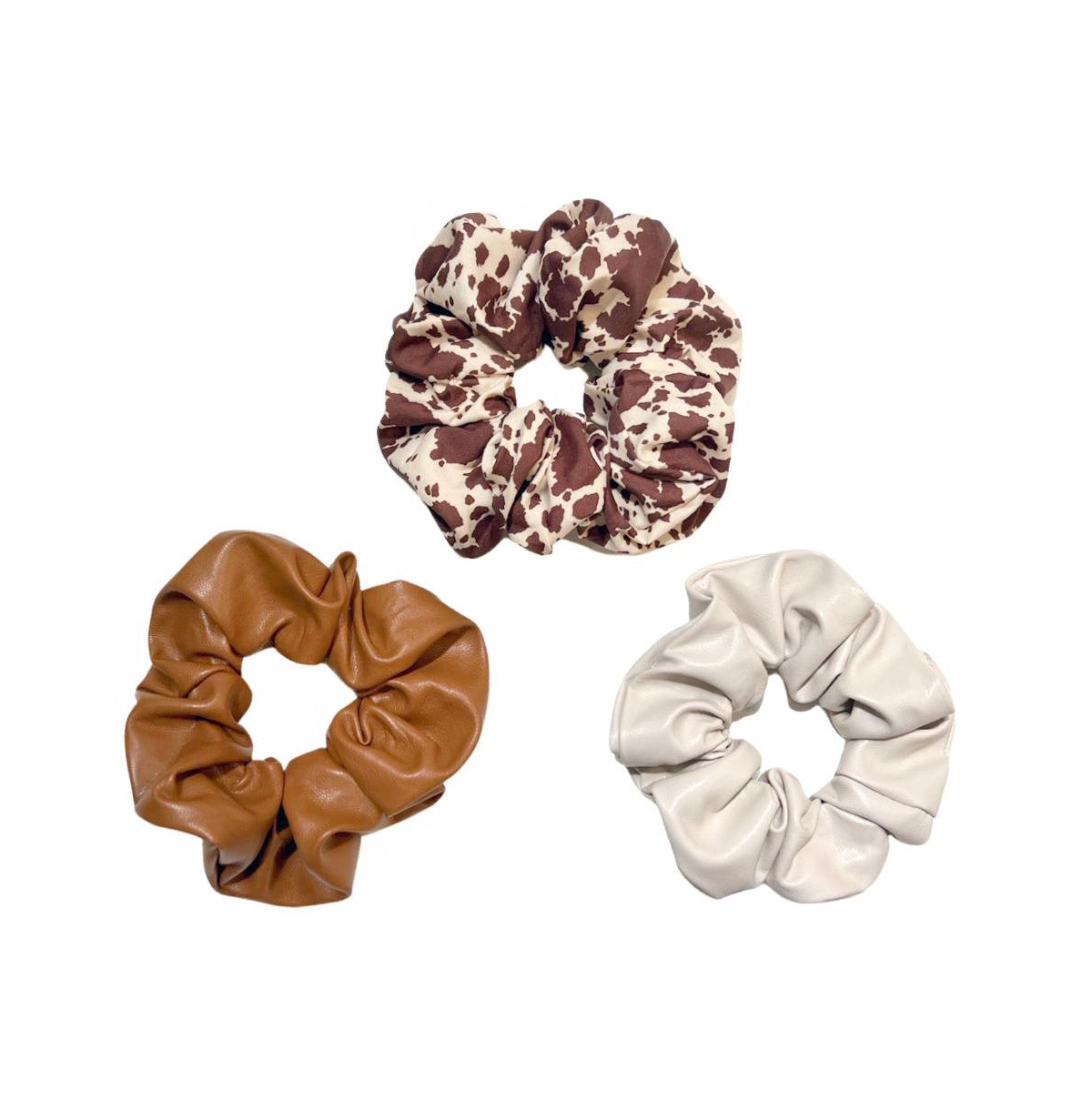 Leather Scrunchie Set - Brown Cowhide - Brown, cream, cowhide