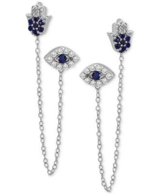 Lab-grown Blue Sapphire (1/4 ct. t.w.) & Lab-grown White Sapphire (1/4 ct. t.w.) Evil Eye & Hamsa Hand Double Pierced Chain Earrings in Sterling Silver
