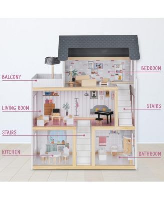 Lil Jumbl Kids 3-Floor, 17-Piece Wooden Dollhouse with 2 Staircases