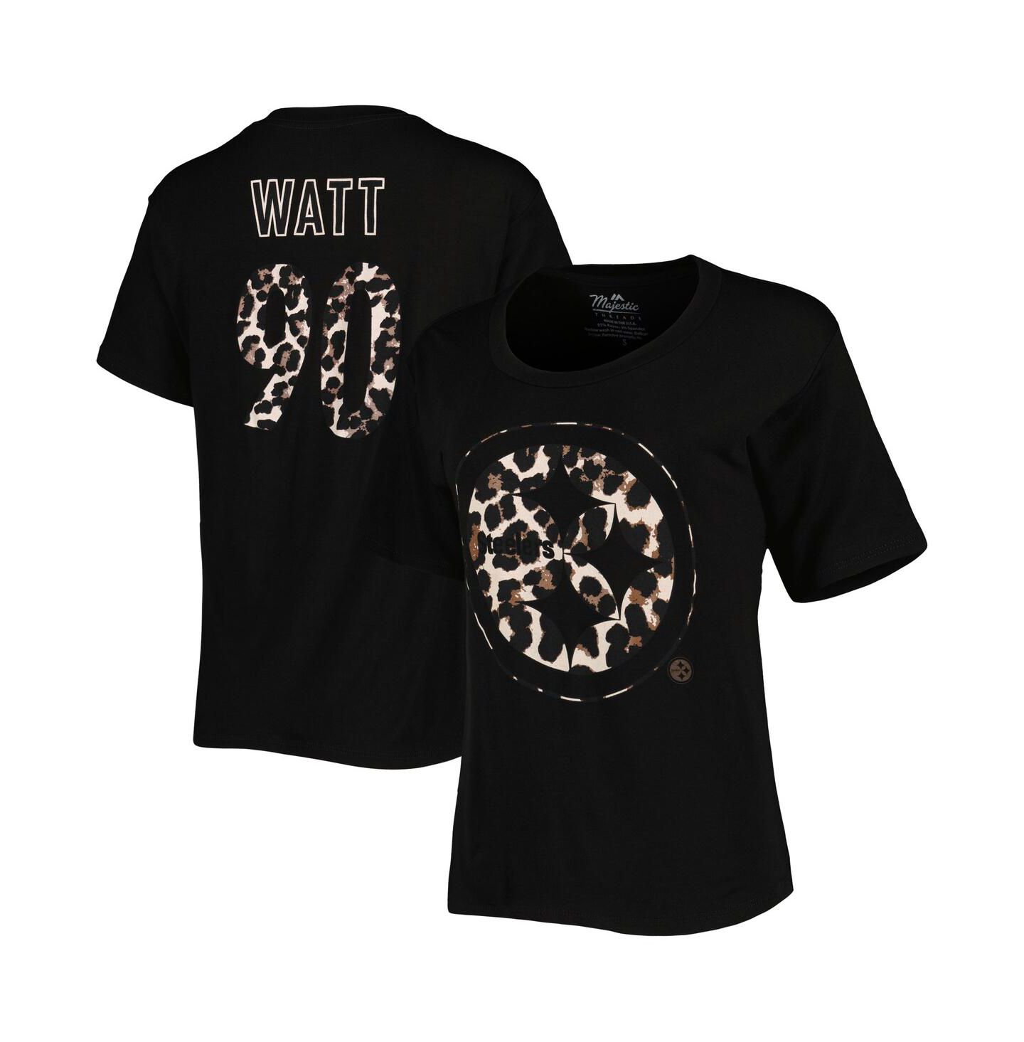 Женская футболка Majestic Threads T.J. Watt Black Pittsburgh Steelers Leopard Player Name and Number Tri-Blend — фото 1