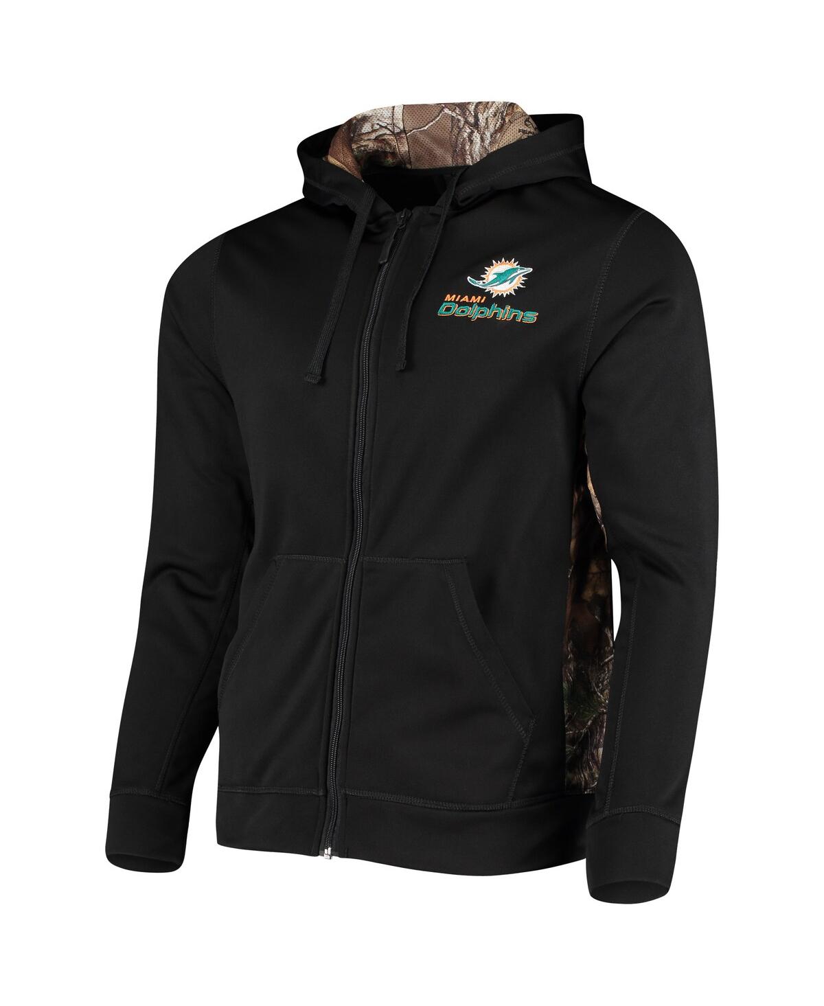 DUNBROOKE MEN'S DUNBROOKE BLACK, REALTREE CAMO MIAMI DOLPHINS DECOY TECH FLEECE FULL-ZIP HOODIE 