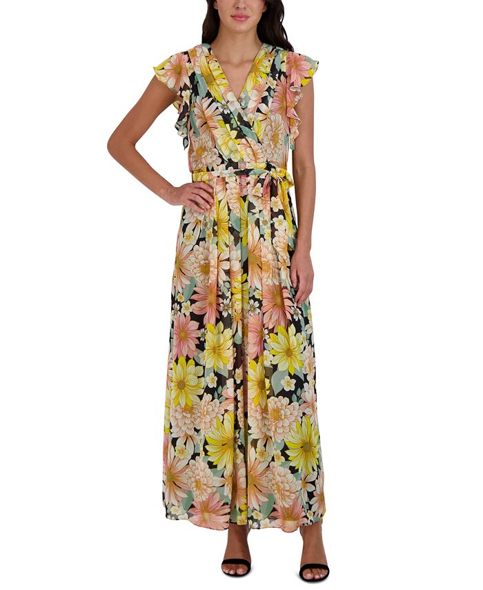 Donna Ricco Flutter-Sleeve Printed Chiffon Maxi Dress - Macy's