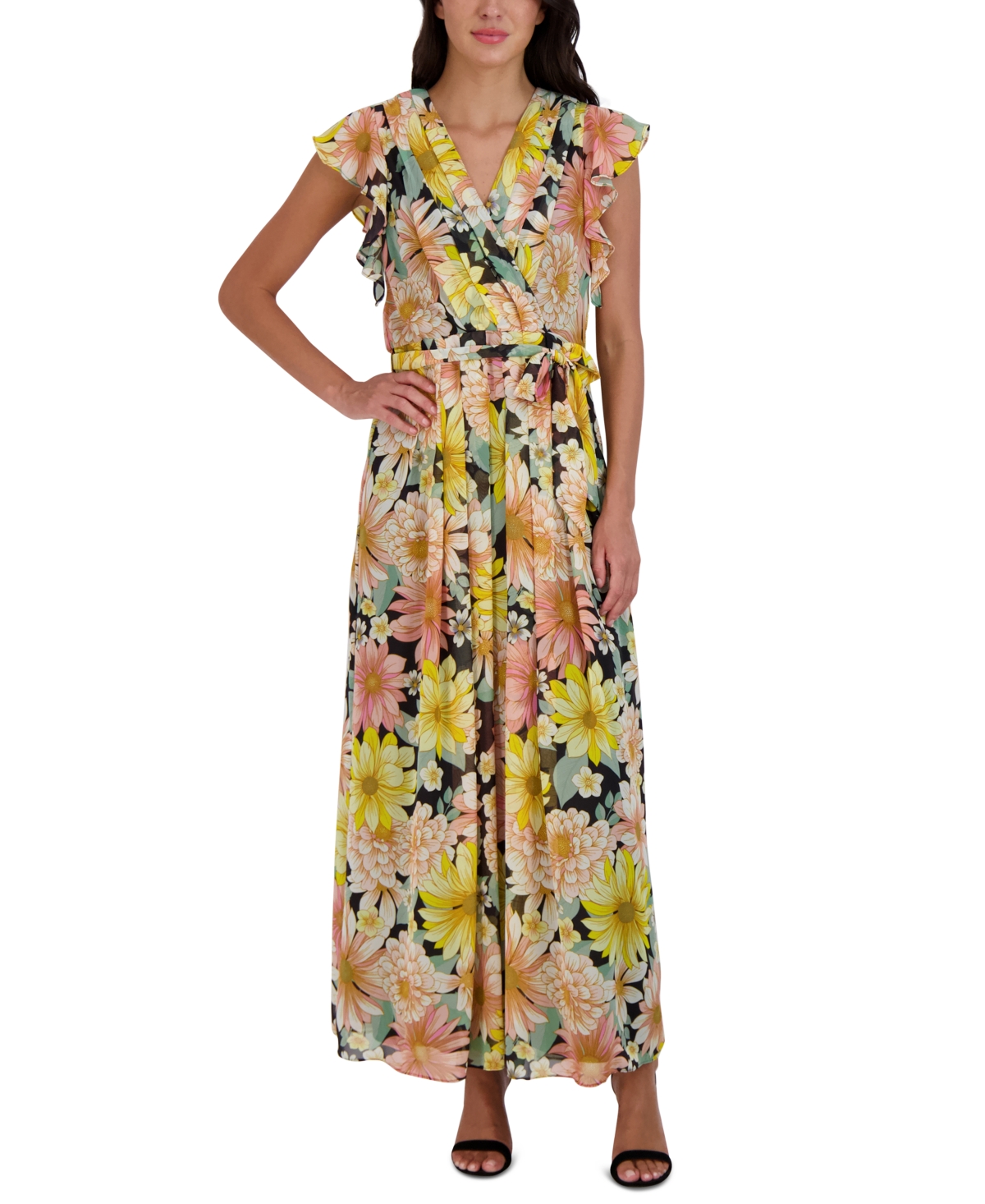 Donna Ricco Flutter-Sleeve Printed Chiffon Maxi Dress