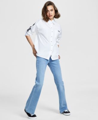  Dkny Jeans Womens Cotton Embroidered Logo Shirt Boerum High Rise Flare Leg Jeans
