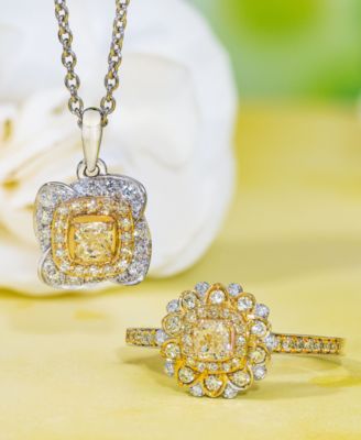 Sunny Yellow Diamond (1/4 ct. t.w.) & Vanilla Diamond (1/6 ct. t.w.) Double Halo 18" Pendant Necklace in Platinum & 14k Gold
