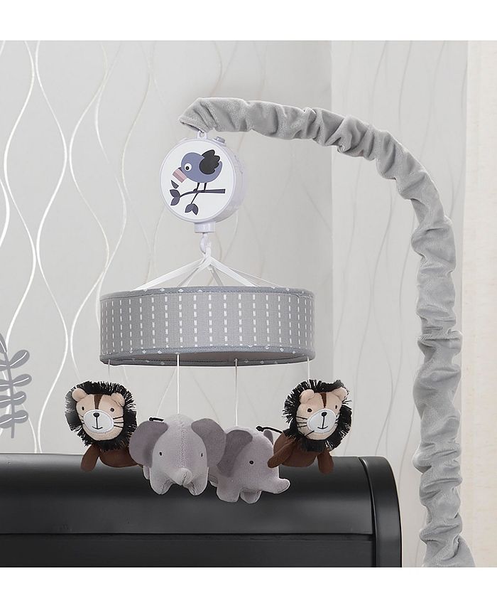 Lambs & Ivy Urban Jungle Gray/Brown Lion & Elephant Musical Baby Crib