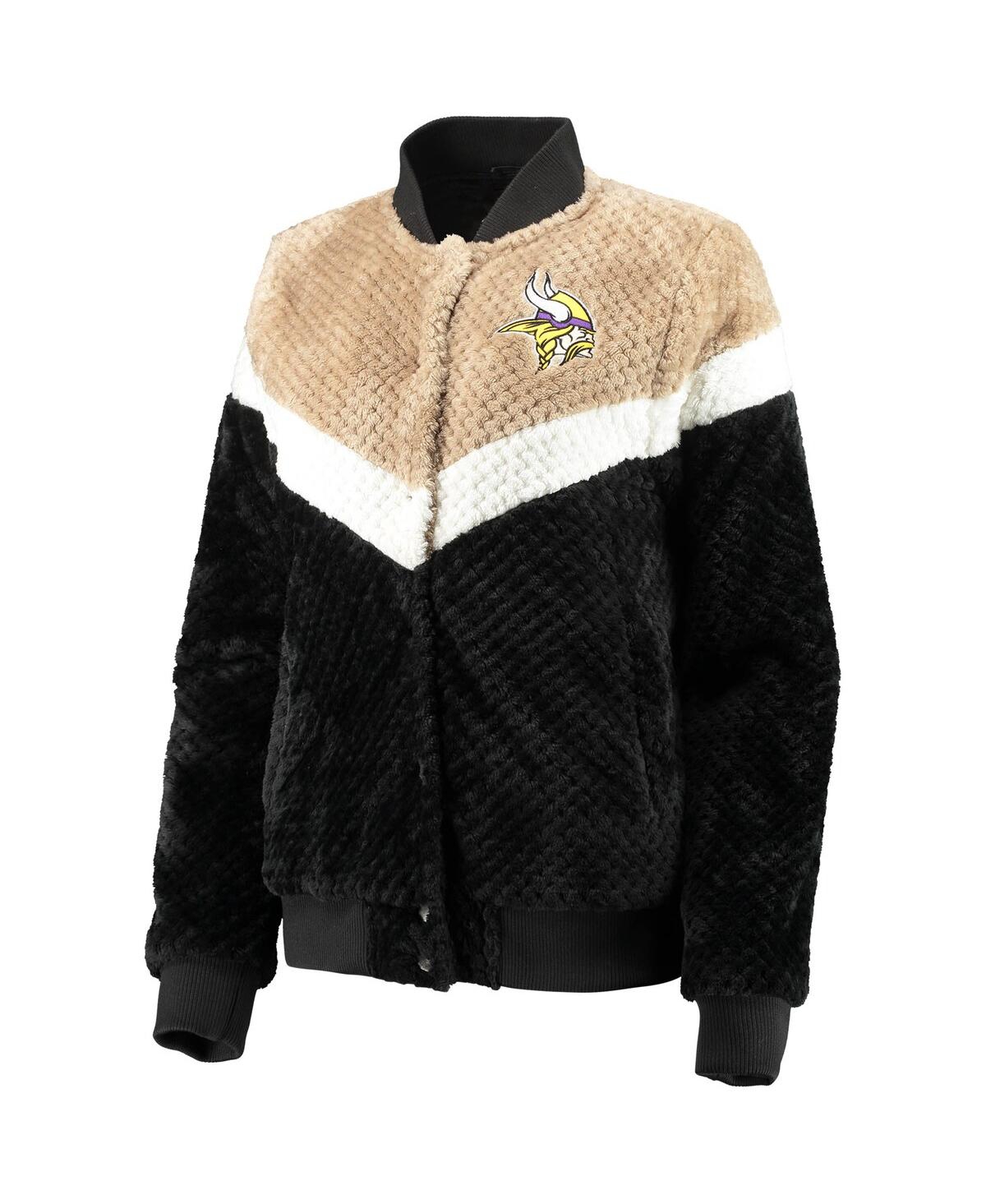 G-III 4HER BY CARL BANKS WOMEN'S G-III 4HER BY CARL BANKS BLACK, CREAM MINNESOTA VIKINGS RIOT SQUAD SHERPA FULL-SNAP JACKET 