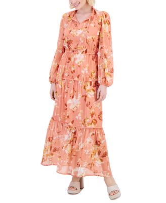 Tinsel - Petite Tiered-Skirt Tie-Neck Blouson-Sleeve Dress